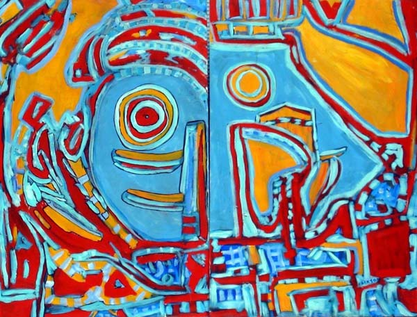 Diptych in red yellow and blue, painting by David Michael Jackson