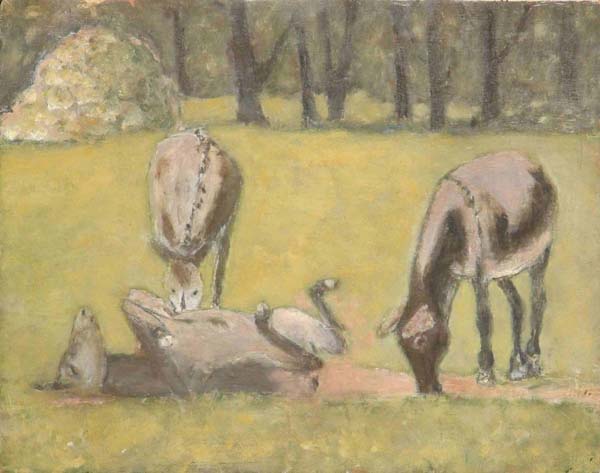 Donkeys Oil Painting in Summer Field, by David Michael Jackson