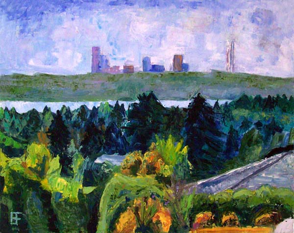 Bellevue hilltop road view of Seattle, painting by Brian Forrest