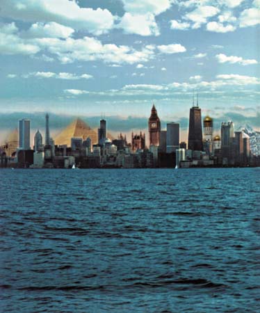 land marks superimposed over Chicago skyline