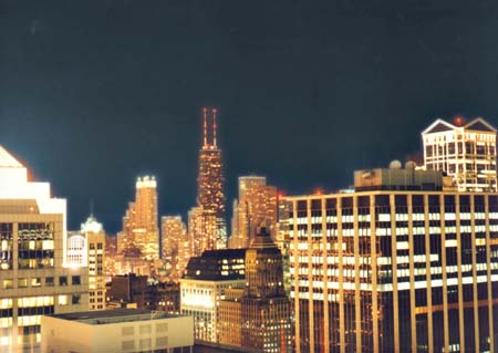 Chicago skyline at night, copyright 2001-2016 Janet Kuypers