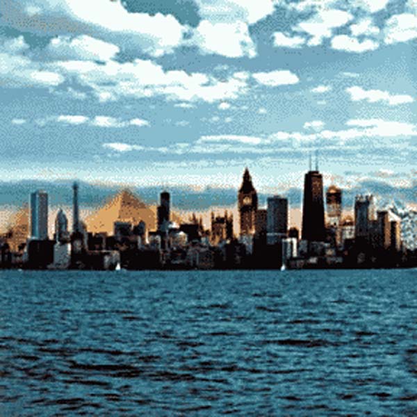 Chicago from the wwater (with buildings and places from around the qorld added to the s\kyline), copyright 1996-2013 Janet Kuypers