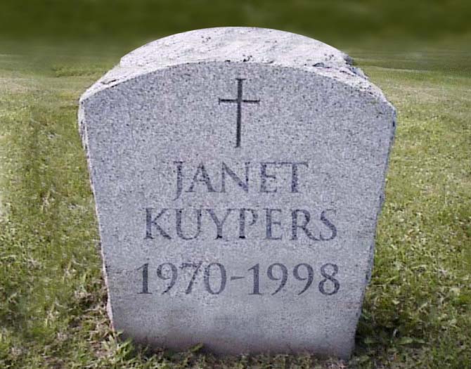 a gravestone, edited with the author name, her birth year and the year she almost died (designed for the performance art show “Death Comes in Threes”), image copyright © 2003-2013 Janet Kuypers