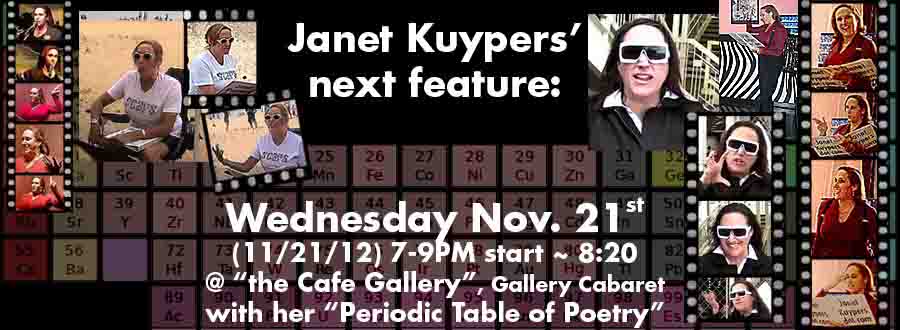 facebok header for the Janet Kuypers “Periodic Poetry” show 11/21/12 in Chicago at Gallery Cabaret