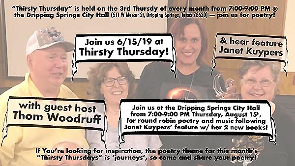 facebook event header image from from the Janet Kuypers feature 8/15/19 at Dripping Springs’ Thirsty Thursday