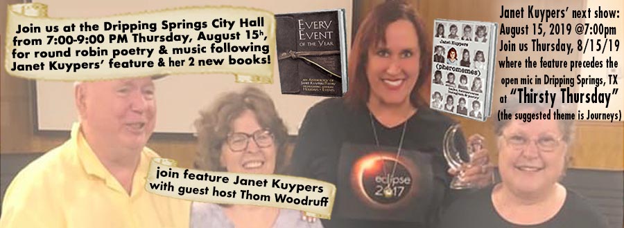 facebook timeline image from from the Janet Kuypers feature 8/15/19 at Dripping Springs’ Thirsty Thursday