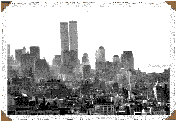 New York City skyline with the Twin Towers, framed