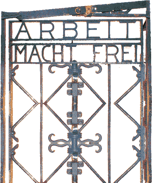 outlined ARBEIT MACHT FREI (work will set you free) entrange gate to the Dachau Concentration Camp (Dachau, Germany)