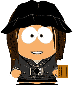 a South Park styled drawing of Janet Kuiypers, with her camera and a beer