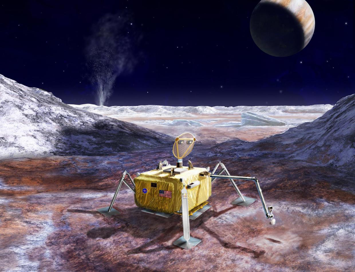An artists rendering illustrates a conceptual design for a potential future mission to land a robotic probe on the surface of Jupiters moon Europa, from NASA
