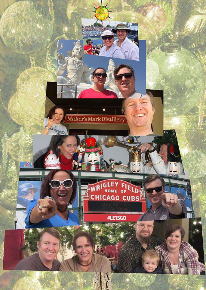 Janet & John’s 2016 Christmas card photo, conataining images of Janet & John at Mason Ohio’s Western & Southern Open, in India, at the Makers Mark Distillery, at their home with Christmas decorations, at Wrigley Field and with the Kretchmans in Austin for Thanksgiving, all collaged together in a Christmas tree shape over a muted image of her past Christmas tree