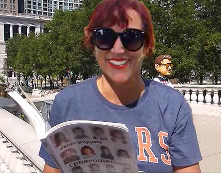 video still from Janet Kuypers reading from the book near the Ditka bobblehead statue Labor Day weekend at Millenium Park in Chicago 9/2/19